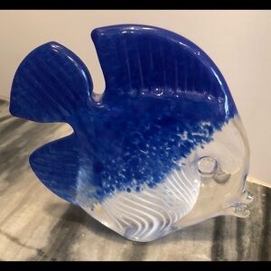 Czech Republic Art Glass Fish Figurine Blue White Lattice Swirl Labeled